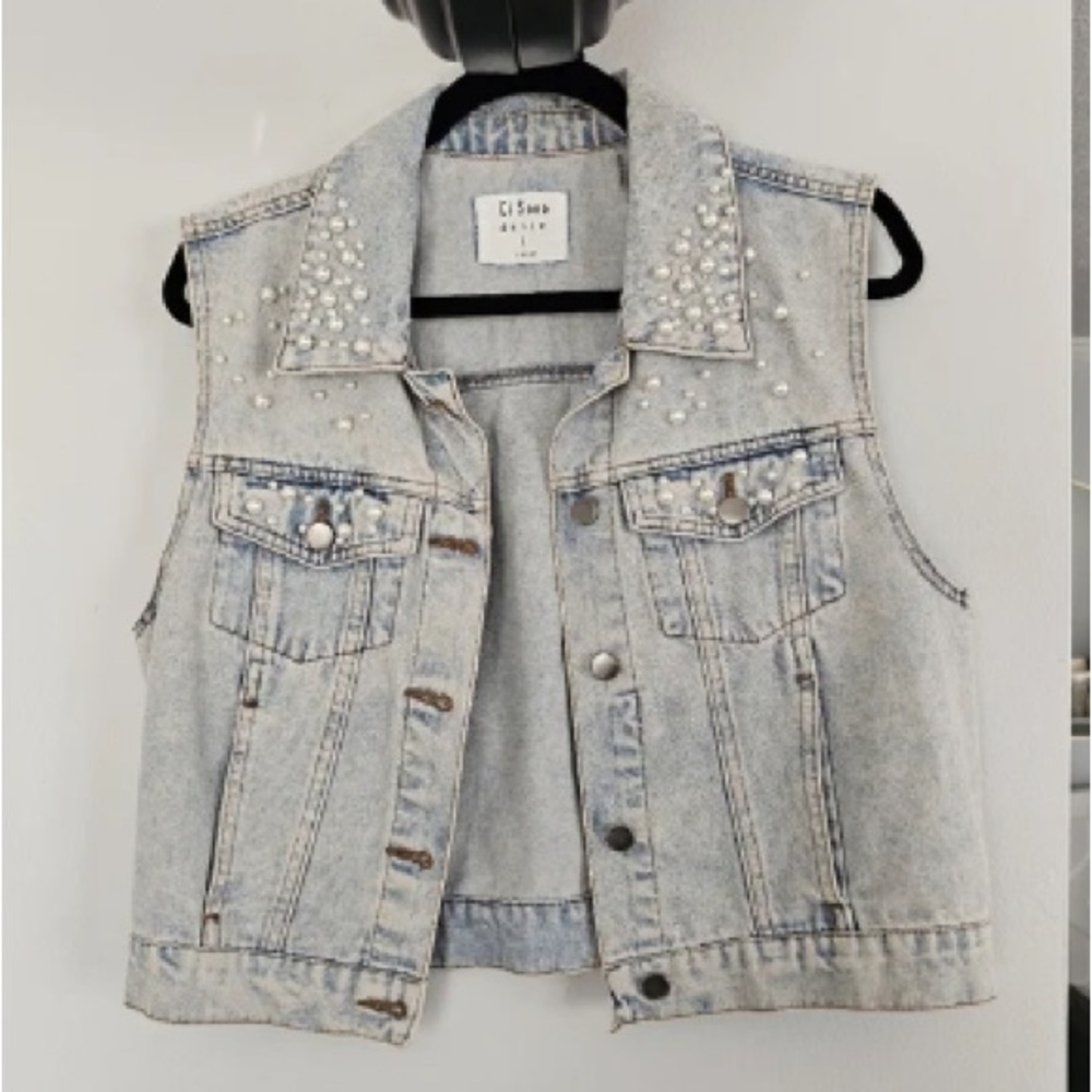 Pearl-Studded Light Denim Vest